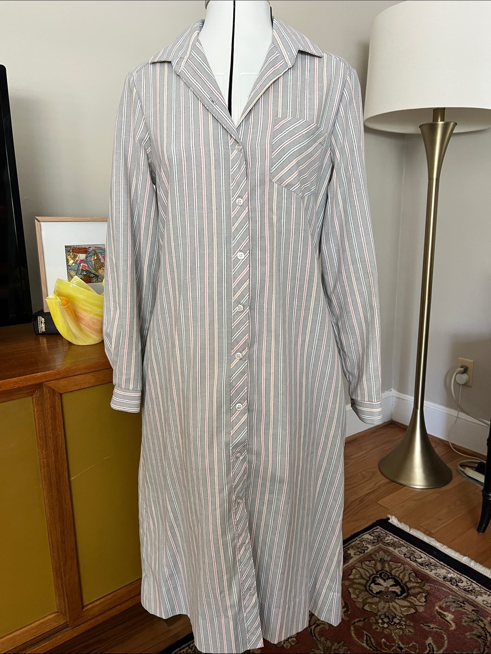 Vintage 80’s Striped Midi Button-Front Dress in Light Gray